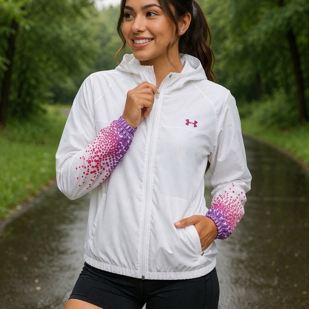 Under Armour White Lightweight Running Jacket Pink Ombre Sleeves Athleisure XS